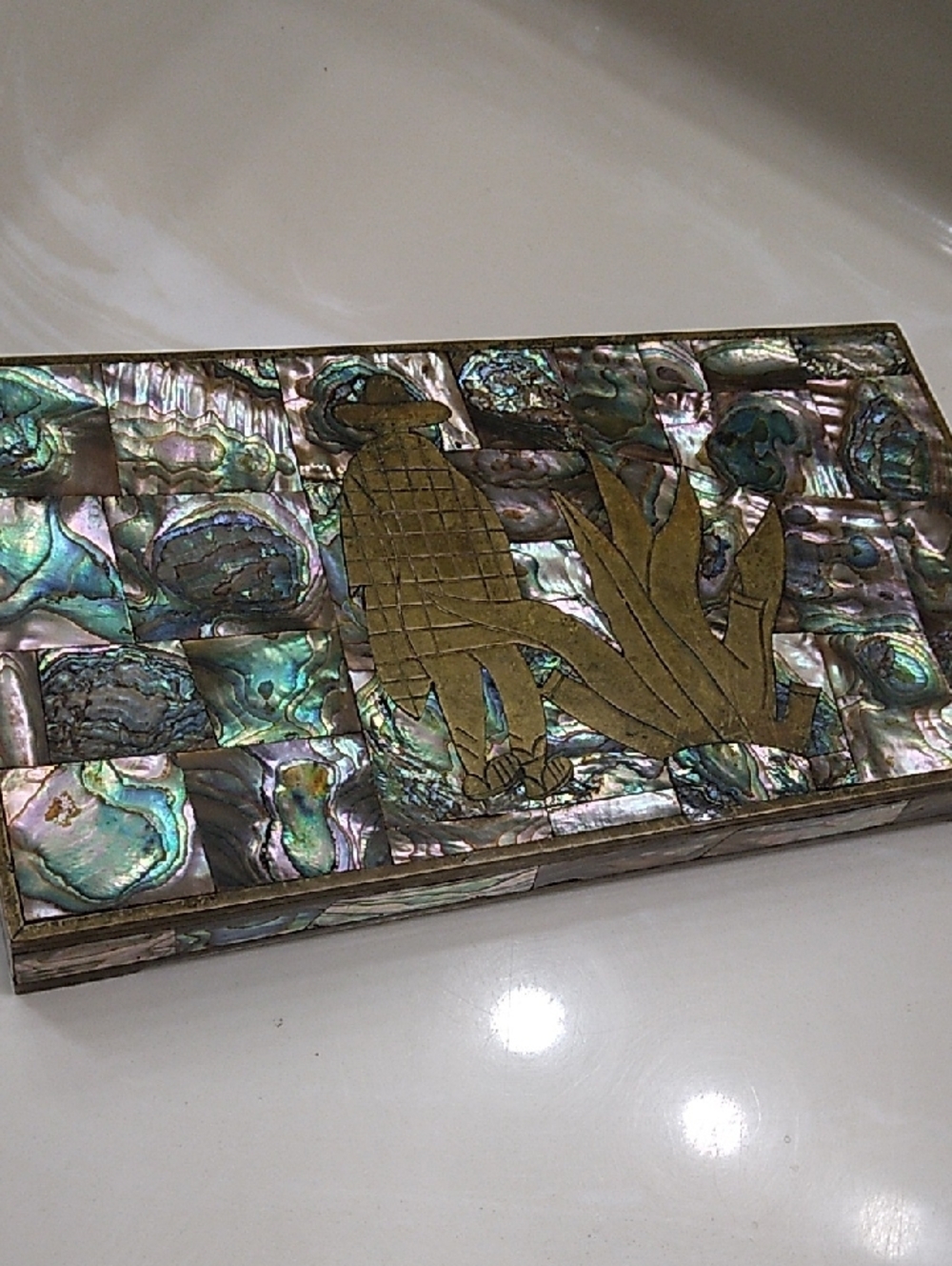 Vintage Taxco Mexico Brass and Abalone Shell Mosaic Wood Lined Box